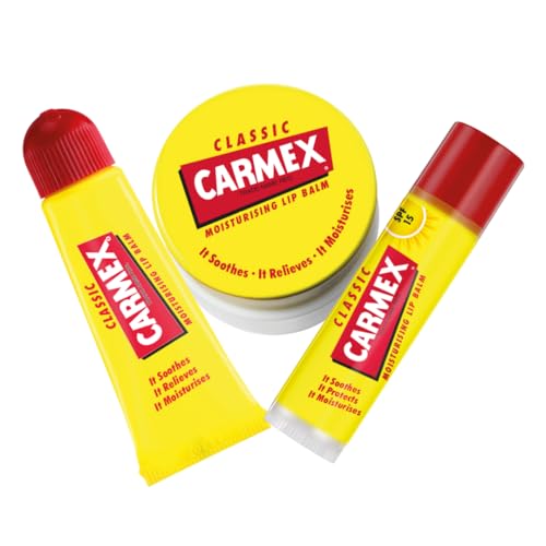 Carmex Classic Lip Balm Set – Stick, Pot & Tube | SPF 15 | Soothes & Protects Lips | Hydrating Lip Care for Everyday Use | Smooth, Healthy Lips On-the-Go | Travel-Friendly