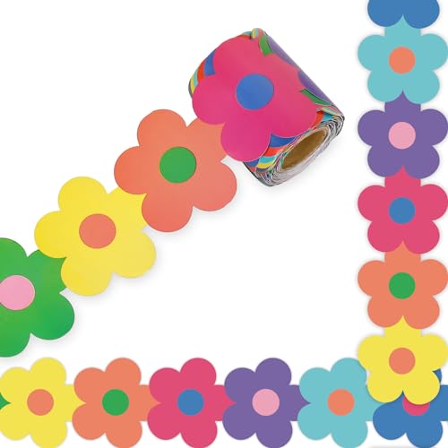 Whaline 32.8ft Y2K Flower Bulletin Board Borders Colorful Boho Flower Die-Cut Rolled Bulletin Board Trim for School Classroom Office Chalkboard