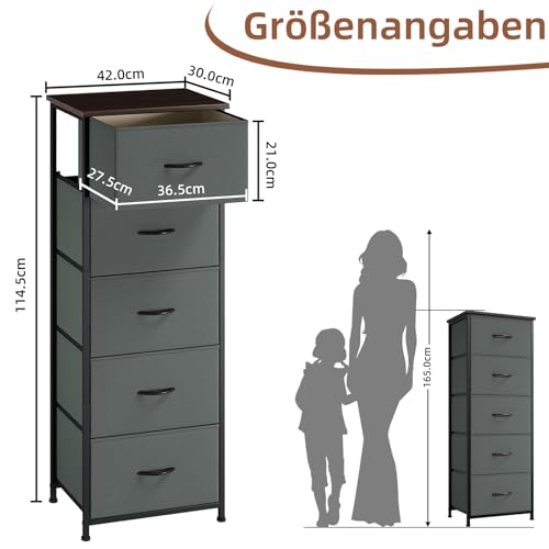 Somdot Kommode mit Stoffschubladen, Schlafzimmer, 5 Schubladen, Kohlegrau – Ansicht 3