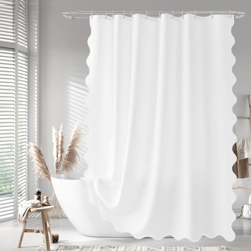 Seasonwood White Scalloped Shower Curtain 72 x 72 Inches Aesthetic Fabric Shower Curtain Cute Pretty Shower Curtains