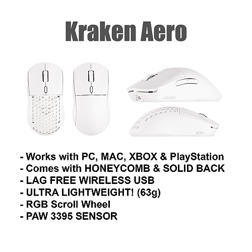 Image of Kraken AERO - Superlight Wireless Gaming Mouse, Ultra-Lightweight, LAG-Free Wireless, Dual-Mode (2.4Ghz + Wired) Symmetrical, 26,000 DPI, PAW3395 Compatible with PC /MAC (White)