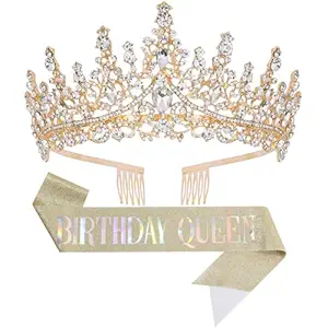 Birthday Tiara Crown with Sash for Women, Headband Hair Accessories for Wedding Party Costume Gold