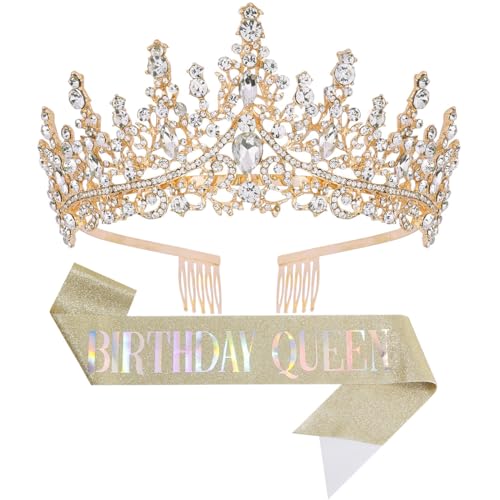 Birthday Tiara Crown with Sash for Women, Headband Hair Accessories for Wedding Party Costume Gold