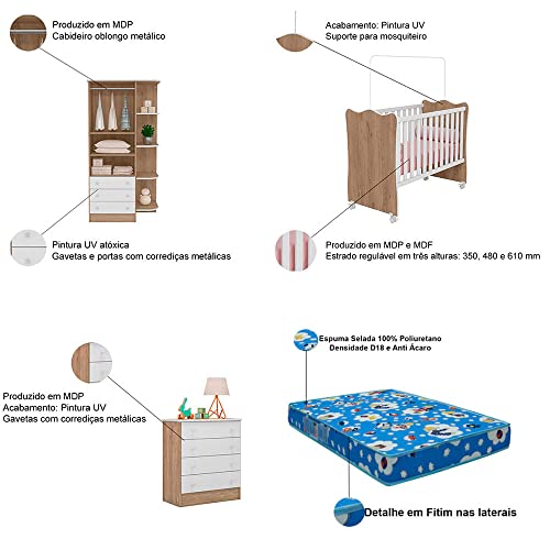 Quarto Infantil 04 Peças Berço Mosqueteiro com Colchão e Guarda Roupas e Cômoda Doce Sonho Qmovi