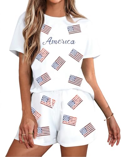 Image of VILOVE 4th of July 2 Piece Sequin Outfits Women Star Stripe Shirts and Short Sets Casual Patriotic Shirt Summer Set