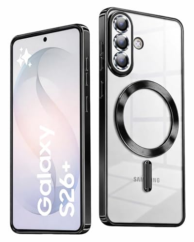 Image of VONZEE Clear Logo Electroplating Transparent Case for Samsung Galaxy S26 Plus 5G, Magnetic Plating [Support for MagSafe Charger] Electroplate TPU Cover- Black