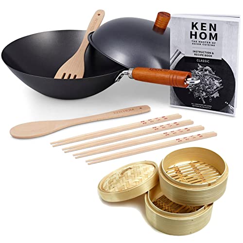 Ken Hom 14-tlg. Wok Set 31 cm mit Holzgriff Antihaft Karbonstahl - Set inkl. Dampfkorb Ø 20 cm & 8 Stäbchen - Wokpfanne ohne Induktion