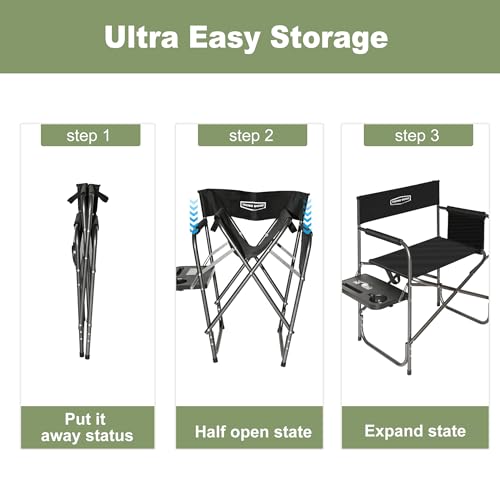 YOUNG WOOD Silla Director de Camping, Plegable Ligera Sobredimensionada con Mesa Lateral y Bolsillos de Almacenamiento para Camping, Césped, Picnic y Pesca, Soporta 400 libras (Negra) miniatura 6