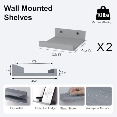 Image of Small Grey Floating Shelves for Wall, Shelf with Lip Set of 2, 4 in