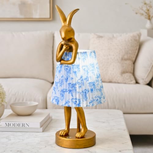 ZenithLight Rabbit Table Lamp Rechargeable Cordless LED with Linen Shade and Gold Resin Base Touch Dimmable Wireless Lamp for Bedroom Nightstand Kids Room Nursery Living Room - Pattern