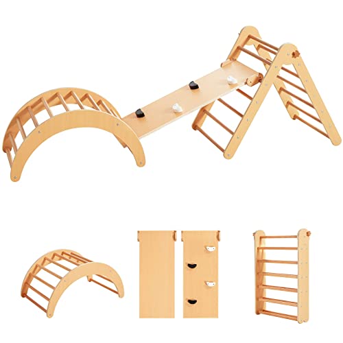 4 In 1 Pikler Triangle Gym, Montessori Foldable Indoor Climber with Ramp for Kids, Climbing Triangle for Toddlers Arch Climber, Rocker, Learning Waldorf Children Toy Structure, Natural