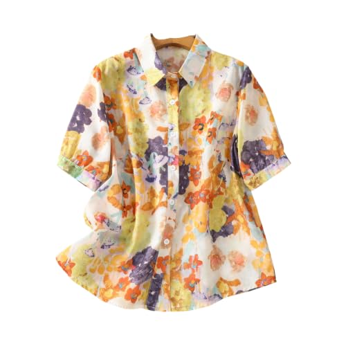 Image of Gufrina Women Mustard Multicolor Floral Print Button-Down Shirt with Elbow Sleeves and Collar Neck in Breathable Fabric Ideal for Casual wear and Relaxed Styling