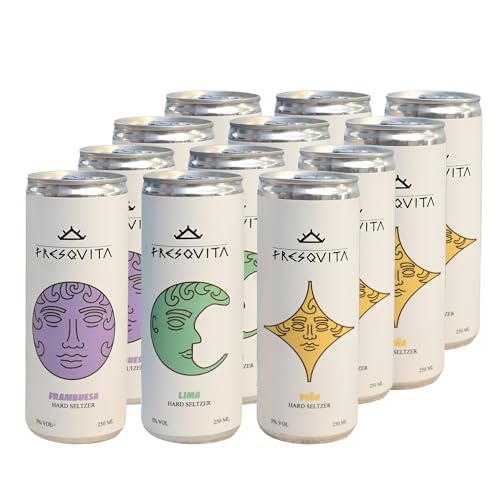 FRESQUITA - Hard Seltzer Party Pack 12 Latas x 250 ml, 4 Lima + 4 Frambuesa + 4 Piña, Bebida Alcohólica Premium, Baja en Calorías, Gran Sabor, con Vodka, Agua con Gas y Toque de Fruta, 5% Vol. Alcohol