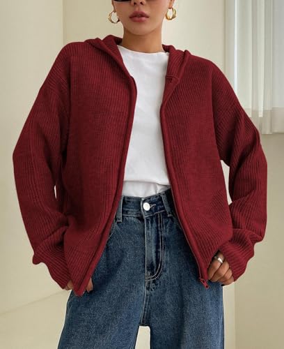 Image of SOLY HUX Zip Up Cardigan for Women Hooded Cardigan Sweater Knitted Drop Shoulder Fall Clothes Winter Hoodies Outerwear