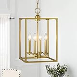 Untrammelife 4-Light Gold Lantern Pendant Light, Square Geometric Lantern Chandelier with Adjustable Chain 12' Farmhouse Pendant Lighting for Kitchen Island Dining Room Entrance Foyer