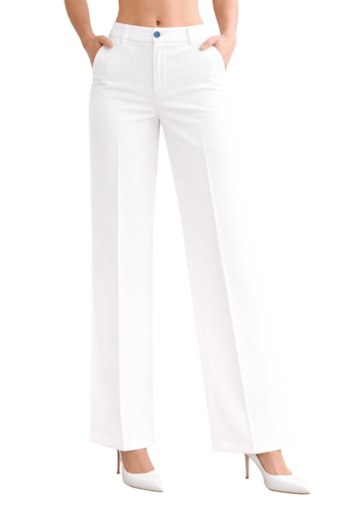 ADBUCKS Women's High-Waisted Wide-Leg Pants - Beltless Trousers with Pockets, Solid Color Trousers Suitable Korean Style Office & Casual Wear (in, Numeric, 32, White)
