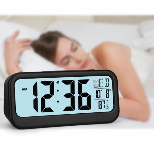 Image of FAMICOZY Digital Alarm Clock with Calendar Indoor Temperature,Adjustable Snooze,Crescendo Alarm,Manual DST,Light on Demand,No Ticking for Bedside Travel,Black