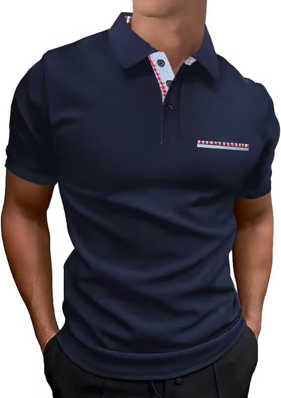 LIUPMWE Hombre Polo de Manga Corta Camisetas Basic de Trabajo Deportivas T-Shirt Clásicas a Cuadros con Bolsillos