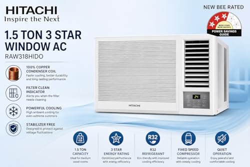 Image of Hitachi 1.5 Ton 3 Star Window Fixed Speed AC (Copper, Filter Clean Indicator, 2026 New BEE Rated, RAW318HIDO,White)