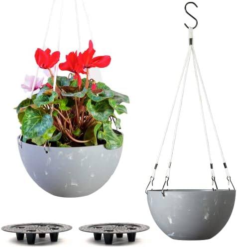 2X Self Watering Hanging Planters for Indoor Plants (10" Inch Set) | Hanging Pots | Hanging Planter Outdoor with Pot | Flower Pot with Modern Rope by Serenehuman (Gray Pot | White Rope)