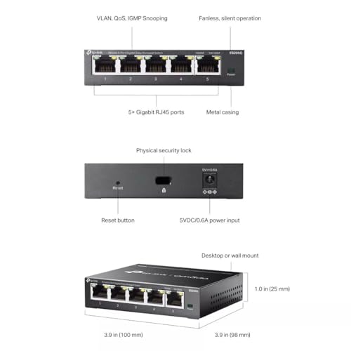 TP-Link Omada Switch Ethernet 5 Ports RJ45 Métal Gigabit (10/100/1000), Switch RJ45 Manageable, positionnement Bureau ou Mur, répartiteur Ethernet, Plug and Play, Silencieux sans Ventilateur, ES205G