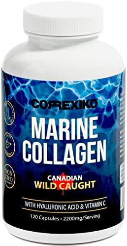 Marine Collagen Peptides Capsules with Hyaluronic Acid - Vital Collagen Proteins & Vitamin C for Skin Hair Joints, Capsulas de Colageno Marino Hidrolizado, Canadian Wild-Caught Fish Collagen 120 Pills