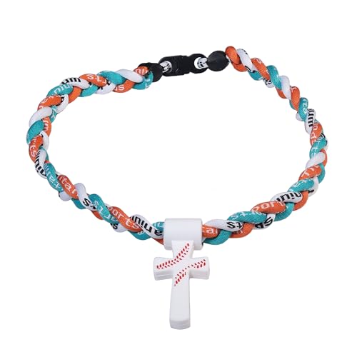 Veitlyn Baseball Rope Necklace with Silicone Cross (Orange-Teal-White 18 inches)
