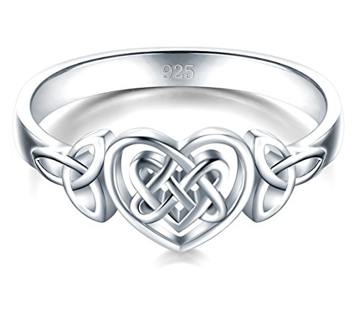 BORUO 925 Sterling Silver Ring Celtic Knot Heart High Polish Tarnish Resistant Eternity Wedding Band Stackable Ring Size 9