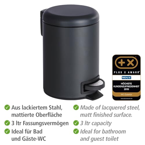 WENKO Treteimer Mod. Leman 3 Liter mit herausnehmbarem Einsatz aus lackiertem Stahl ideal für Badezimmer oder Küche 17 x 25 x 22,5 cm Schwarz matt