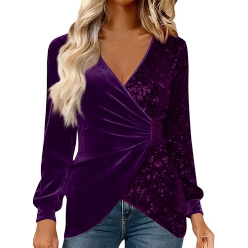 Women's Ruched Wrap V Neck Sequin Patchwork Velvet Tops Long Sleeve Shiny Blouse Elegant Party Shirt Vacation Outfits Purple