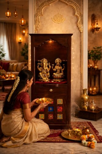 Image of Solid Sheesham Wood Temple for Home & Office /Mandir /God Stand /Pooja Stand /Home Mandap /Mandapam with Cabinet 1 Doors & Multiple Storage /Shelf with Drawers (Honey TmT1, 23x15x57 inch)