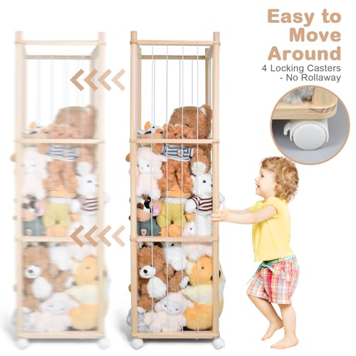 Image of Stuffed Animal Storage, Wood Stuffed Animal Zoo Storage with Brake Wheels, Space Save Toy Organizer, Large Capacity Stuffed Animal Holder, Perfect for Nursery Playroom Kidroom Bedroom