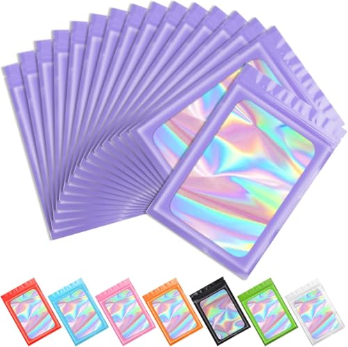 Funfery 100pcs Purple Mylar Holographic Bags-Resealable Zipper&Clear Window