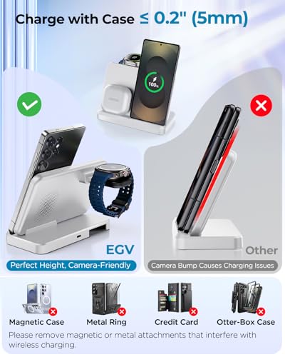 EGV Wireless Charger for Samsung – 3 in 1 Wireless Charging Station for Galaxy S25 Ultra S24 S23, Z Fold Flip 7/6, Detachable Watch Charger for Galaxy Ultra 8/7, Foldable, No Adapter, White - Thumbnail 4