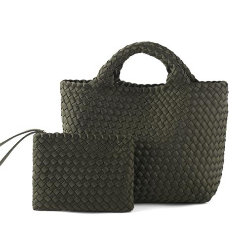Image of Woven Bag for Women, Neoprene Tote Bag Summer Beach Handbag Purse Retro Handmade Travel Shoulder Bag Set