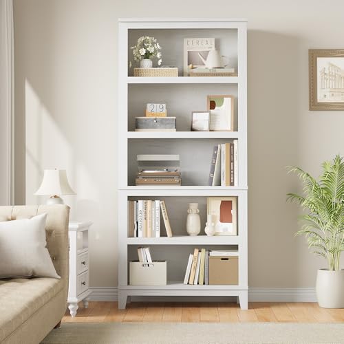GarveeHome Wooden Bookcase 5 Tier Storage Bookshelf Farmhouse Bookshelves Rustic Vintage Etagere for Home Office,Living Room,Bed Room,White