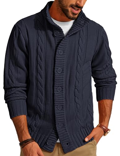 PJ PAUL JONES Men Sweater Button Down Cardigan Sweater Slim Fit Stand Collar Sweater for Men Dark Blue