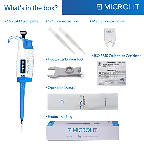 MICROLIT - Single-Channel Pipettes with Adjustable Volume, Accurate and Calibrated Micropipette for 2-20ul Liquid Capacity, Compatible with 20ul Pipette Tips