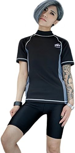 BaronHong Women Lesbian Tomboy Zip Up Chest Binder Quick-Drying Swimwear Set Top+Swimming Pants(Black,L)