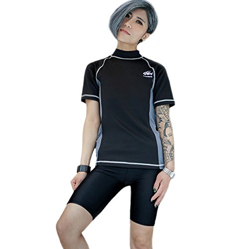 BaronHong Women Lesbian Tomboy Zip Up Chest Binder Quick-Drying Swimwear Set Top+Swimming Pants - Main Image