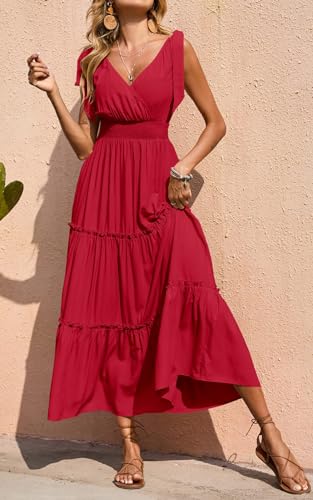 Image of PRETTYGARDEN Women's Cross Neck Summer Sleeveless Tiered Maxi Dress Beach Tie Strap Smocked Long Dresses Pleated Sundress