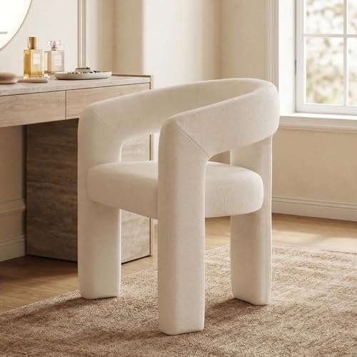 Image of HNY Modern Barrel Kitchen & Dining Room Chair, Chenille Upholstered Accent Chair with Arm, 18.5'' Wide Side Armchairs Vanity Chairs for Living Room Bedroom Makeup Small Spaces, White