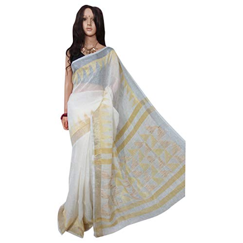 Pinkkart Tela de lino saree blanco jamdani india étnico sari hecha a mano tejedores de Village Bengal 100a
