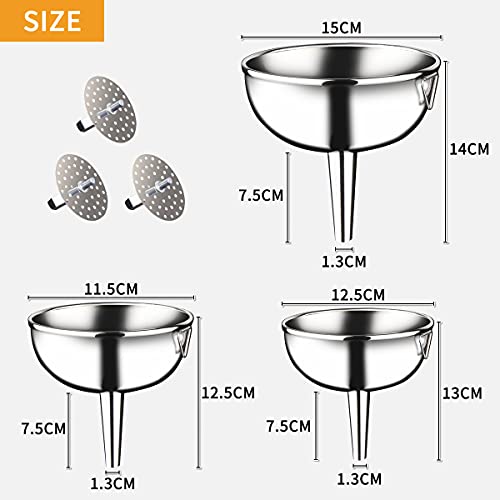 Large Funnels 3Pcs Set Metal Stainless Steel With 3 Pack Removable Strainer, For Kitchen Transfer Liquid Filter Essential Cook Oils Fluid Spice Dry Ingredients Powder, Food Grade Dishwash Safe Durable #TOP1