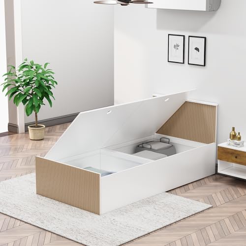 Image of Bniture Modern Single Size Bed with Storage Box | Engineered Wood Bed 3D Textured Panels | Dual Tone Cupboard for Bedroom | Wooden Bed Single Beds Storage (Frosty White & Giant Wood, Single)