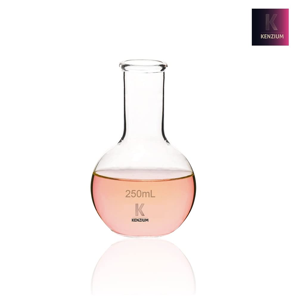 KENZIUM - Pack 4 globos de fondo plano | 250 ml | Vidrio borosilicato 3.3 | Cuello estrecho | Alta resistencia, ideal para ebullición