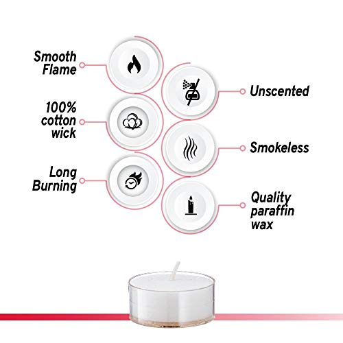Lerner Clear Cup White Unscented Tea Light Candles - 4.5 Hour Long Burning Tealight Votive Candles - Bulk Candles Pack of 50 for Holiday, Wedding and Home Decoration