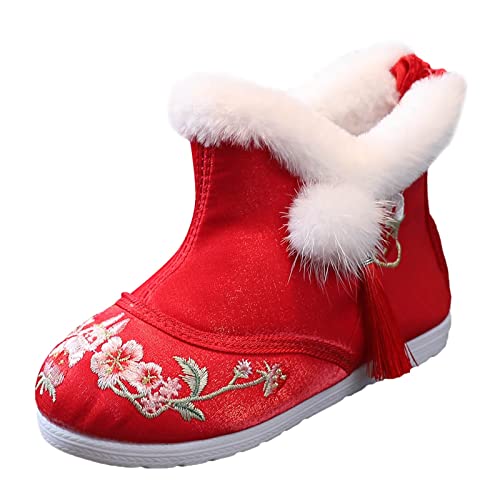 EnJoCho Boot High Heels for Girls Children Shoes Girl Winter Cotton Boots Vintage Embroidered Cloth Boots Plush Inside Shoes