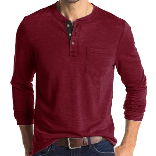 Image of Mens Polo Shirts Henley T Shirts Collarless Grandad T Shirt Golf Shirts Long Sleeve Tops Red T Shirt Men 2XL