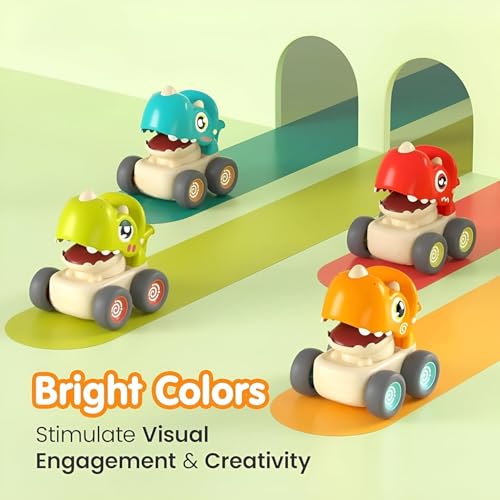 Image of ToyBharat Press n go Dino Cars with Whistle Music for Toddlers, Friction-Powered Dino Cars, Mini Press & Go Vehicles, Montessori Educational Toy for Boys & Girls
